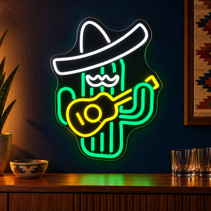 Mustached Cactus Playing Guitar LED Neon Sign - advertising view
