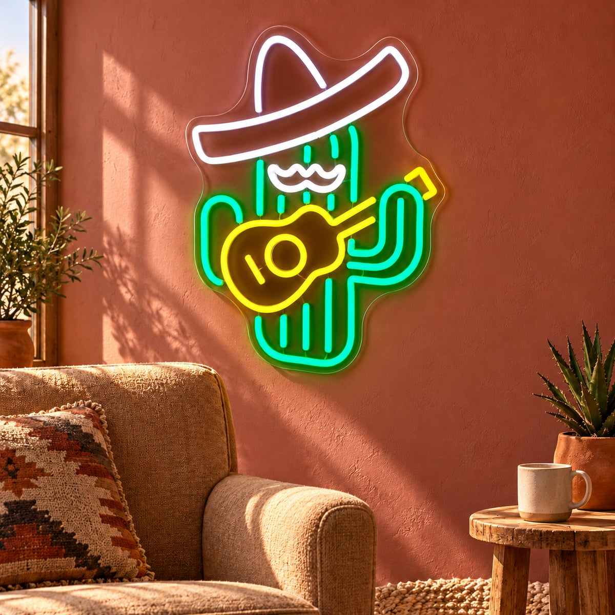 Mustached Cactus Playing Guitar LED Neon Sign - lifestyle view