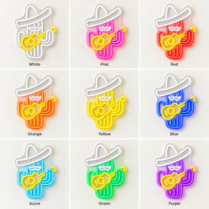 Mustached Cactus Playing Guitar LED Neon Sign - nine-color grid
