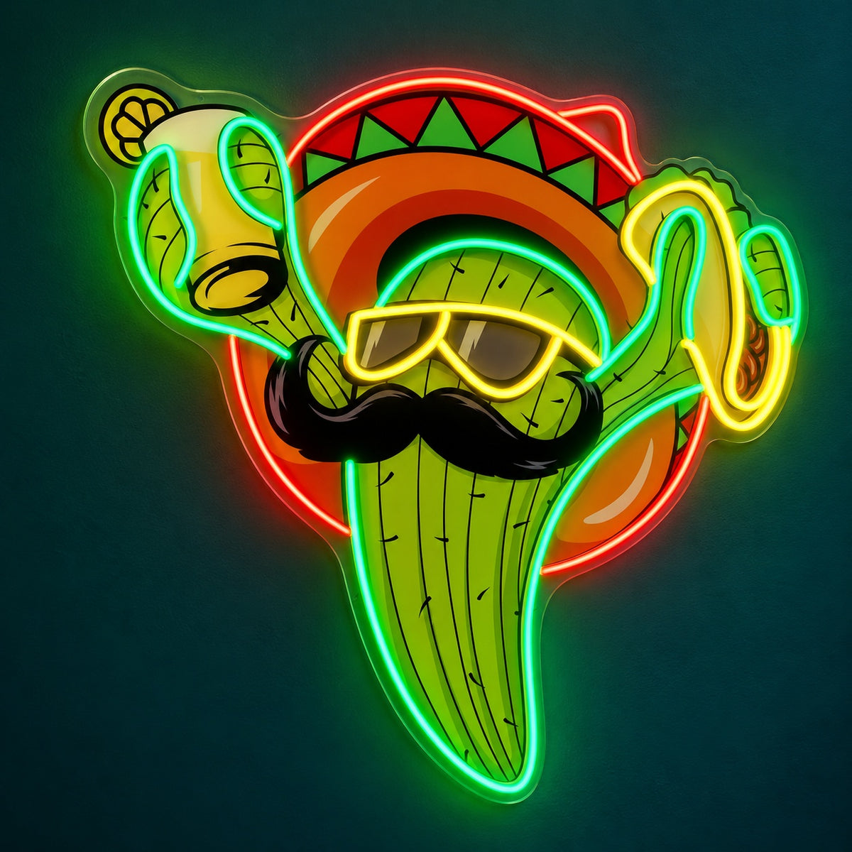 Mustached Sombrero Cactus with Taco LED Neon Sign - product hero