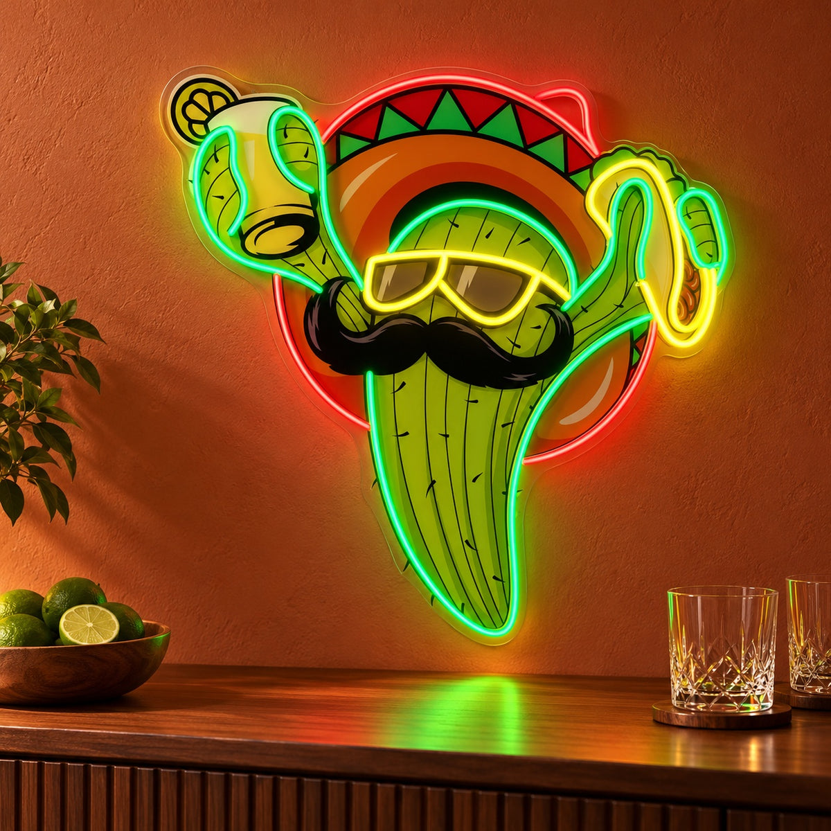 Mustached Sombrero Cactus with Taco LED Neon Sign - advertising view
