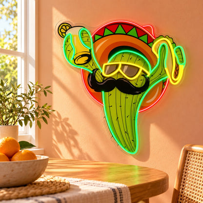 Mustached Sombrero Cactus with Taco LED Neon Sign - lifestyle view
