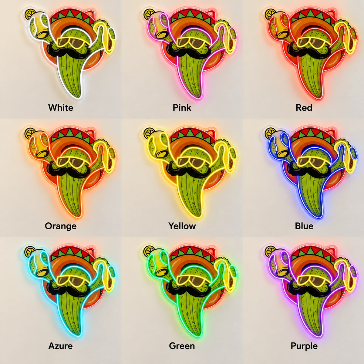 Mustached Sombrero Cactus with Taco LED Neon Sign - nine-color grid