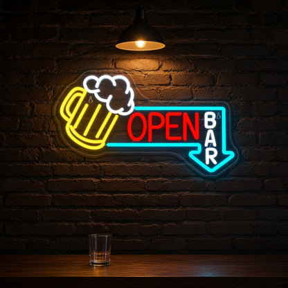 Open Bar Beer Mug OPEN Arrow for Pub Home Bar Wall LED Neon Sign - advertising view