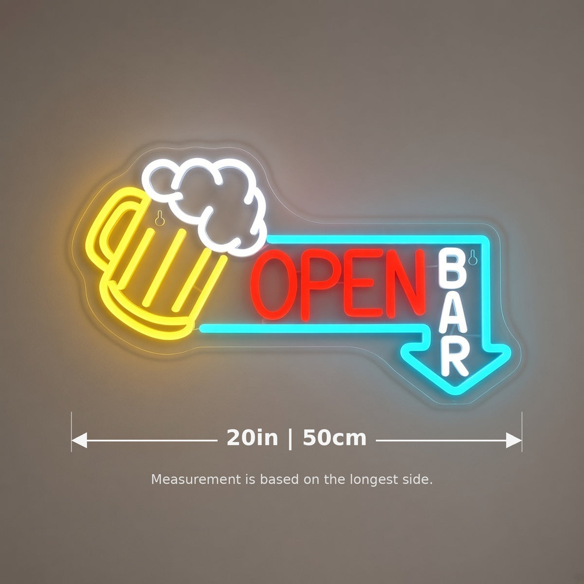 Open Bar Beer Mug OPEN Arrow for Pub Home Bar Wall LED Neon Sign - size guide