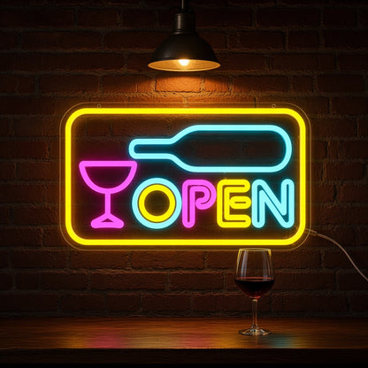 OPEN Wine Bottle Glass Border for Bar Restaurant Shop LED Neon Sign - advertising view