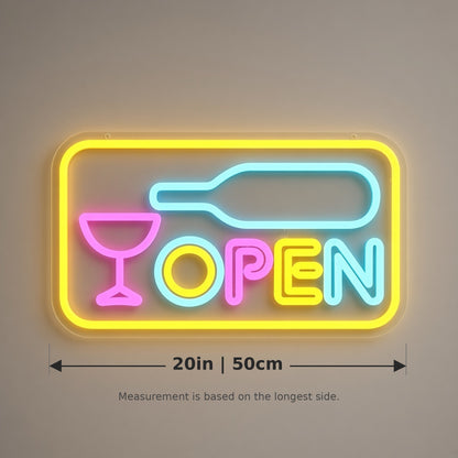 OPEN Wine Bottle Glass Border for Bar Restaurant Shop LED Neon Sign - size guide