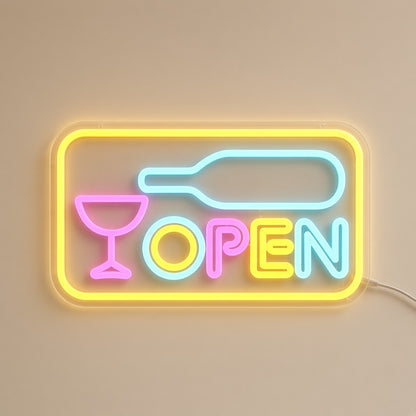 OPEN Wine Bottle Glass Border for Bar Restaurant Shop LED Neon Sign - natural light view