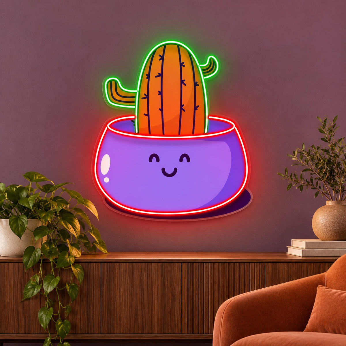 Cactus in Smiling Pot LED Neon Sign - advertising view