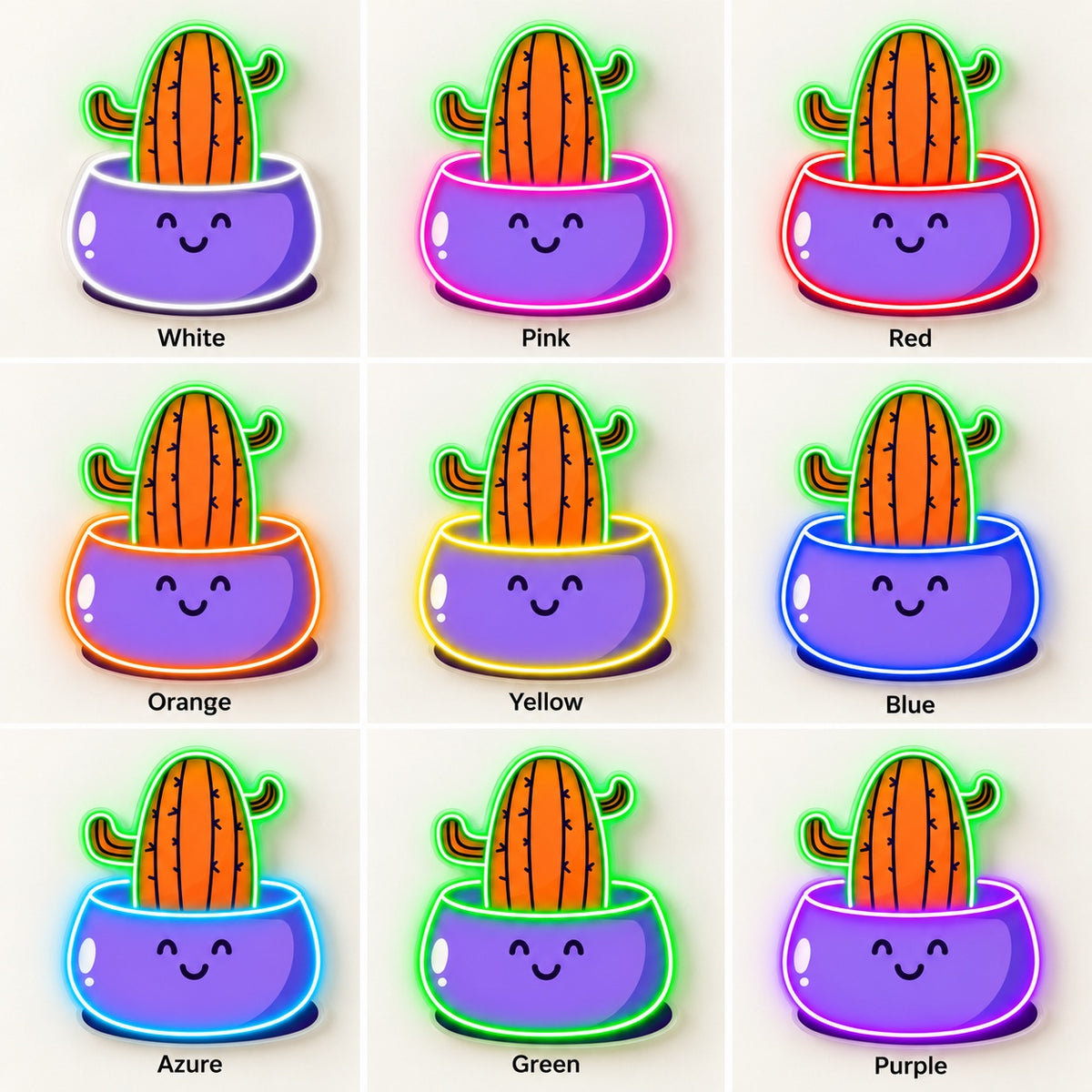 Cactus in Smiling Pot LED Neon Sign - nine-color grid