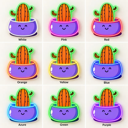 Cactus in Smiling Pot LED Neon Sign - nine-color grid
