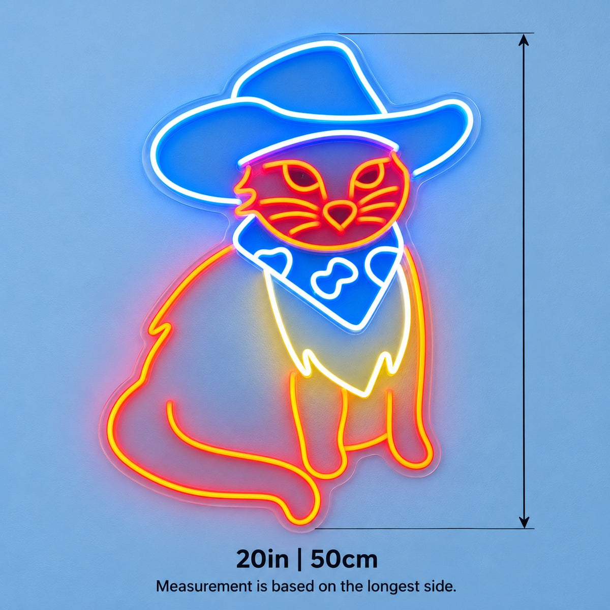 Cowboy Cat Hat LED Neon Sign - size guide