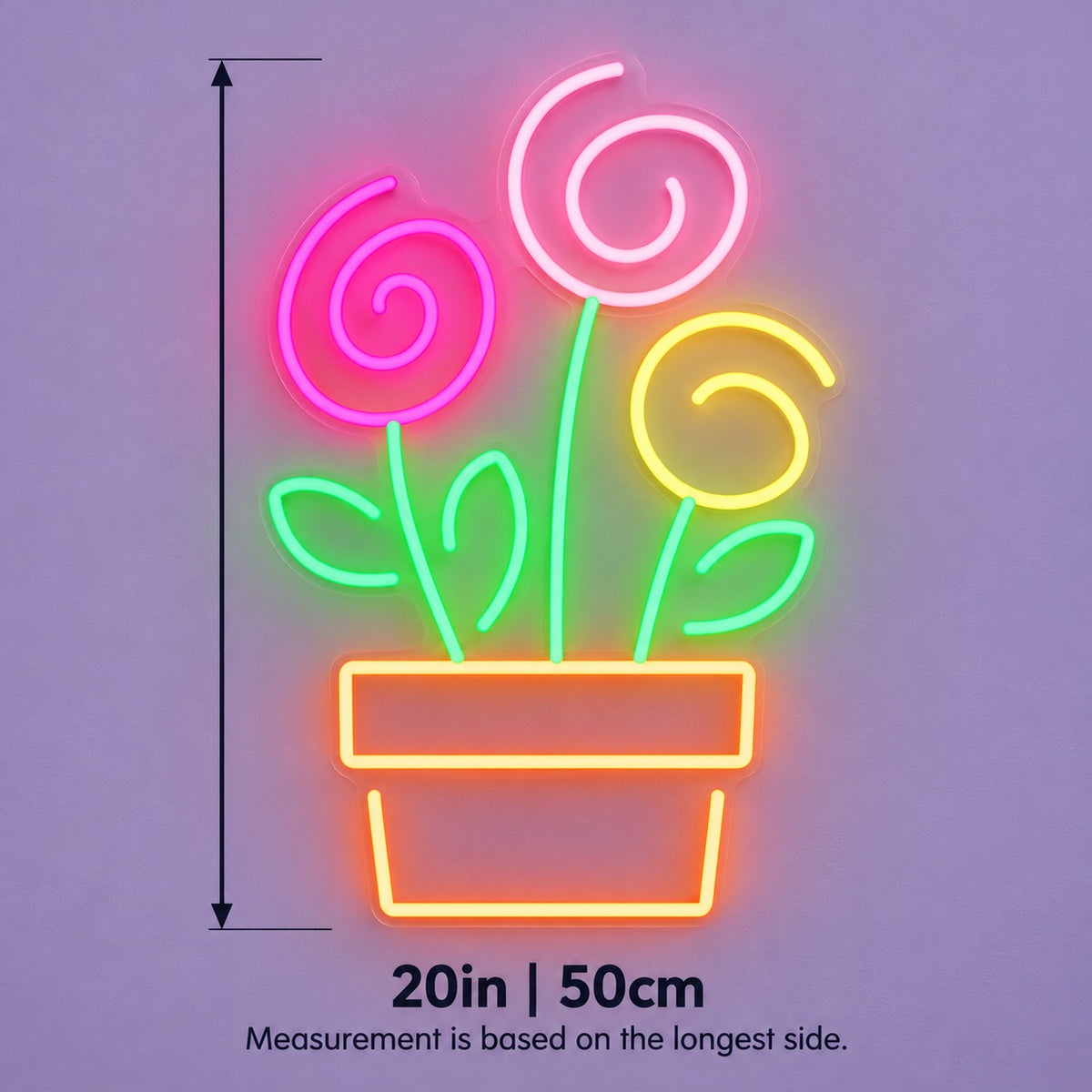 Potted Spiral Flowers LED Neon Sign - size guide