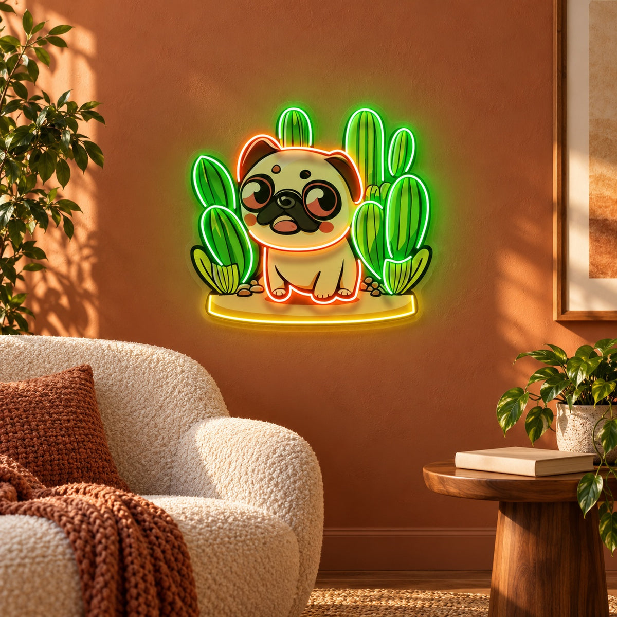 Pug with Cacti LED Neon Sign - advertising view