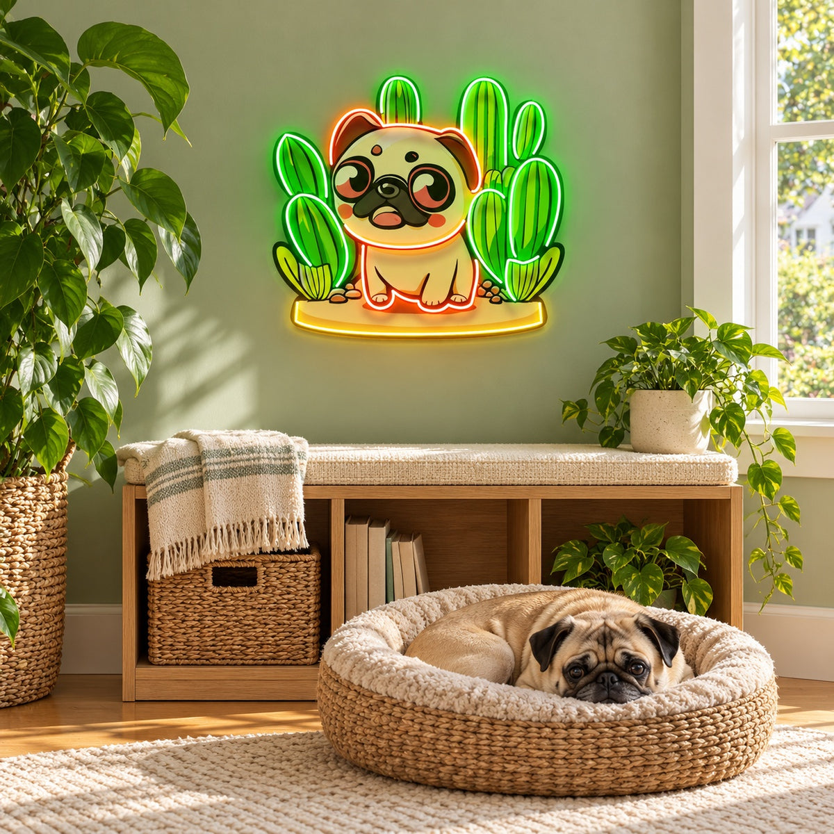 Pug with Cacti LED Neon Sign - lifestyle view