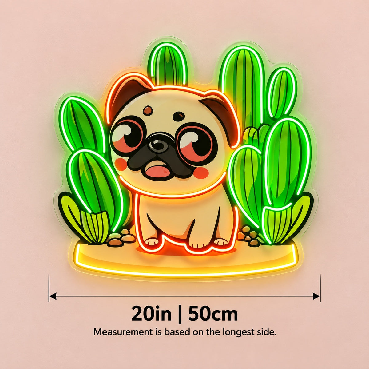 Pug with Cacti LED Neon Sign - size guide