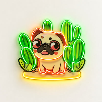 Pug with Cacti LED Neon Sign - natural light view