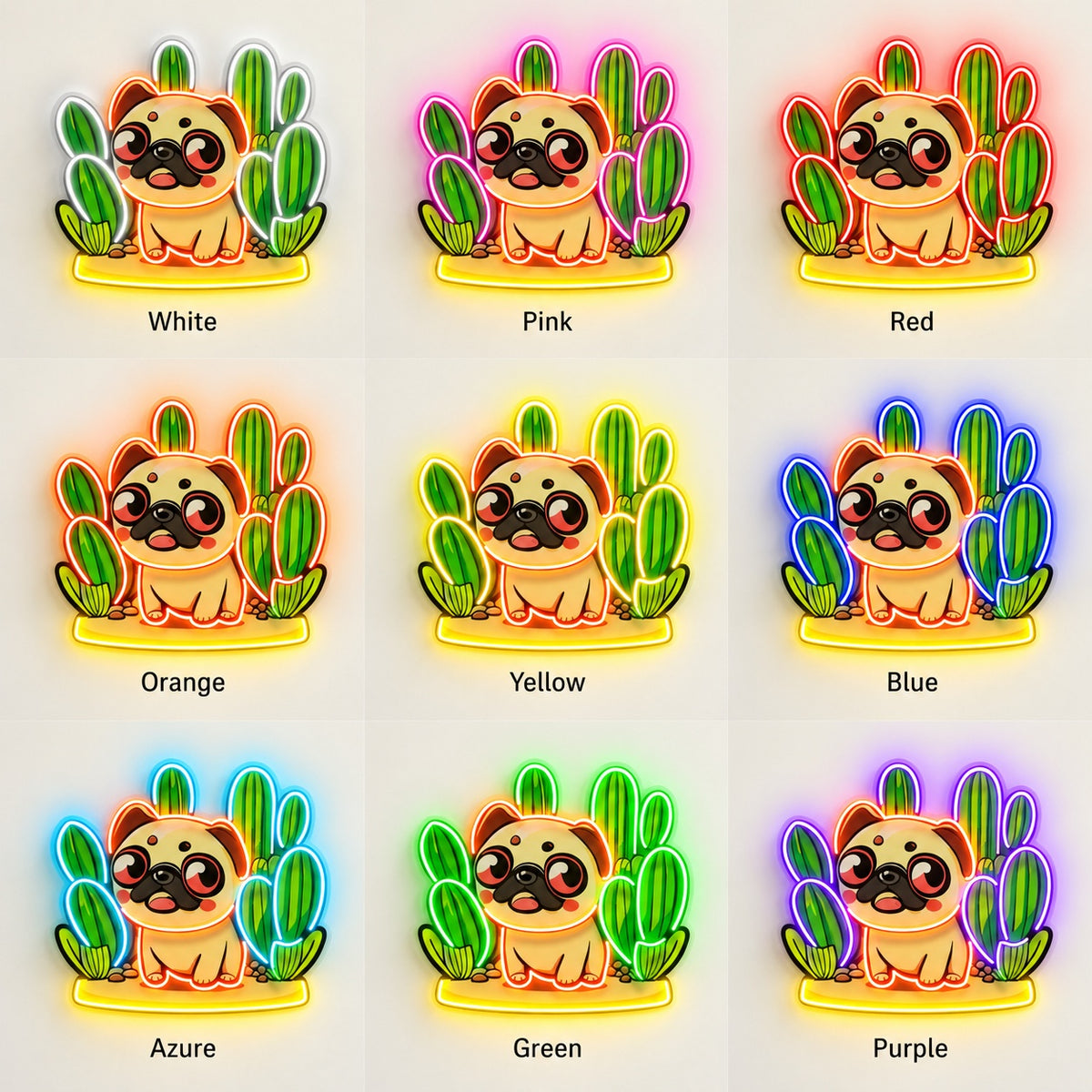 Pug with Cacti LED Neon Sign - nine-color grid