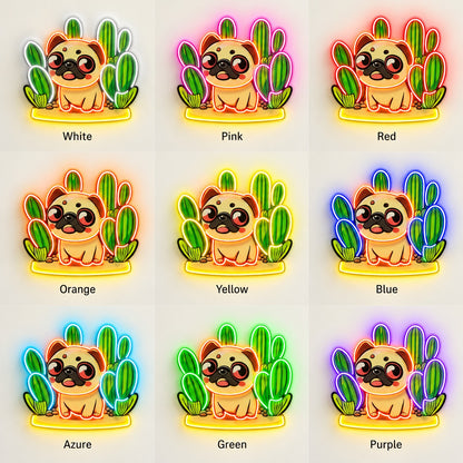 Pug with Cacti LED Neon Sign - nine-color grid