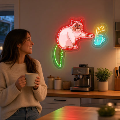 Ragdoll Cat Reaching for Coffee Mug LED Neon Sign - lifestyle view