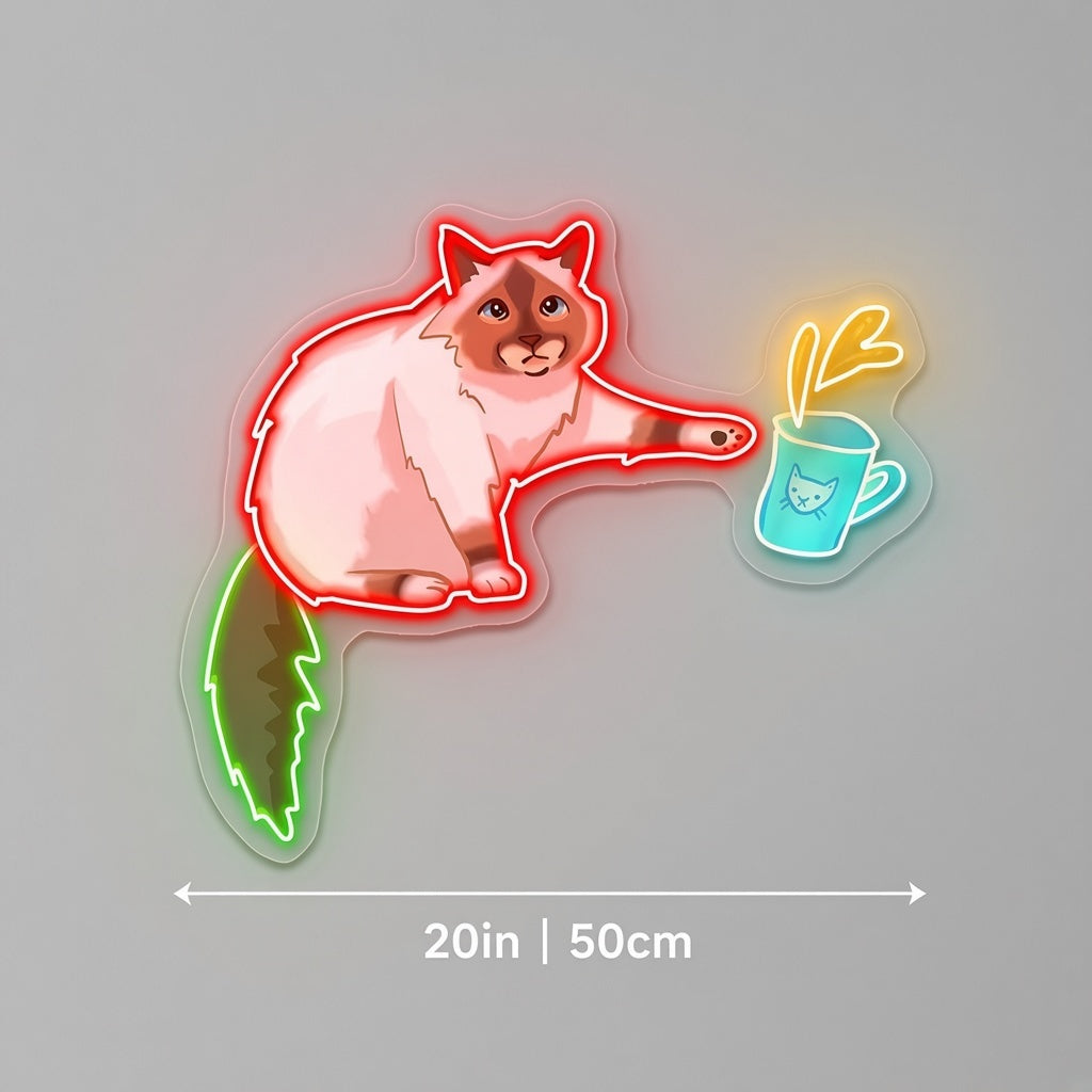 Ragdoll Cat Reaching for Coffee Mug LED Neon Sign - size guide