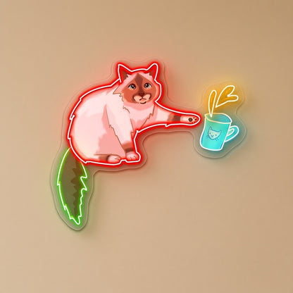 Ragdoll Cat Reaching for Coffee Mug LED Neon Sign - natural light view