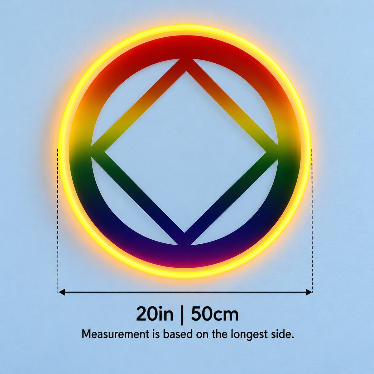 Rainbow Diamond Circle LED Neon Sign - size guide