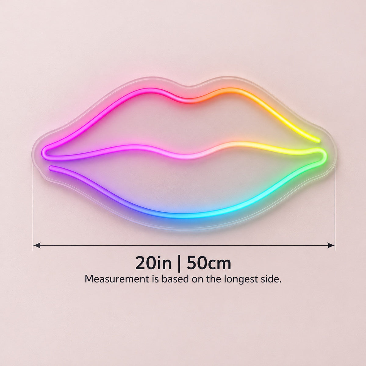 Rainbow Lips LED Neon Sign - size guide