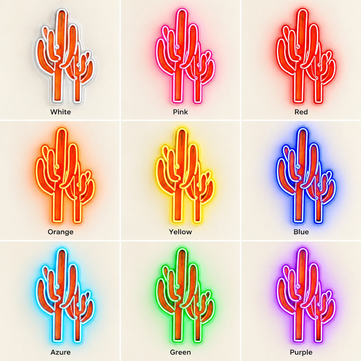Saguaro Cactus Duo LED Neon Sign - nine-color grid