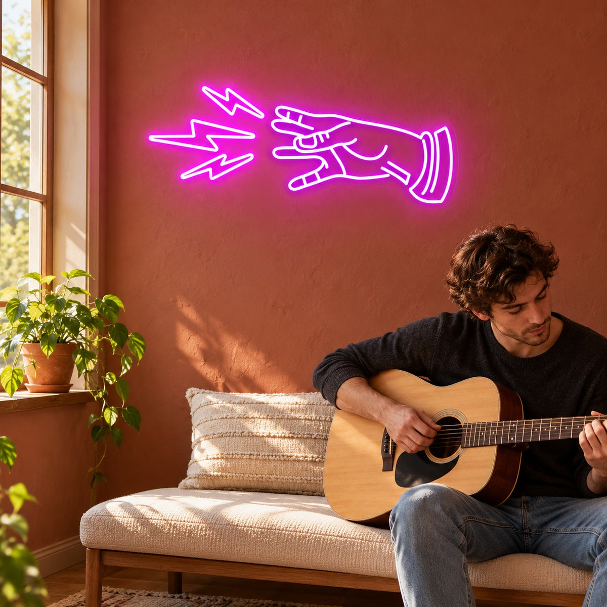 Rock Hand Lightning Bolts LED Neon Sign - lifestyle view