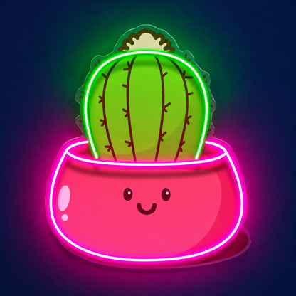 Round Cactus Smiling Planter LED Neon Sign - product hero