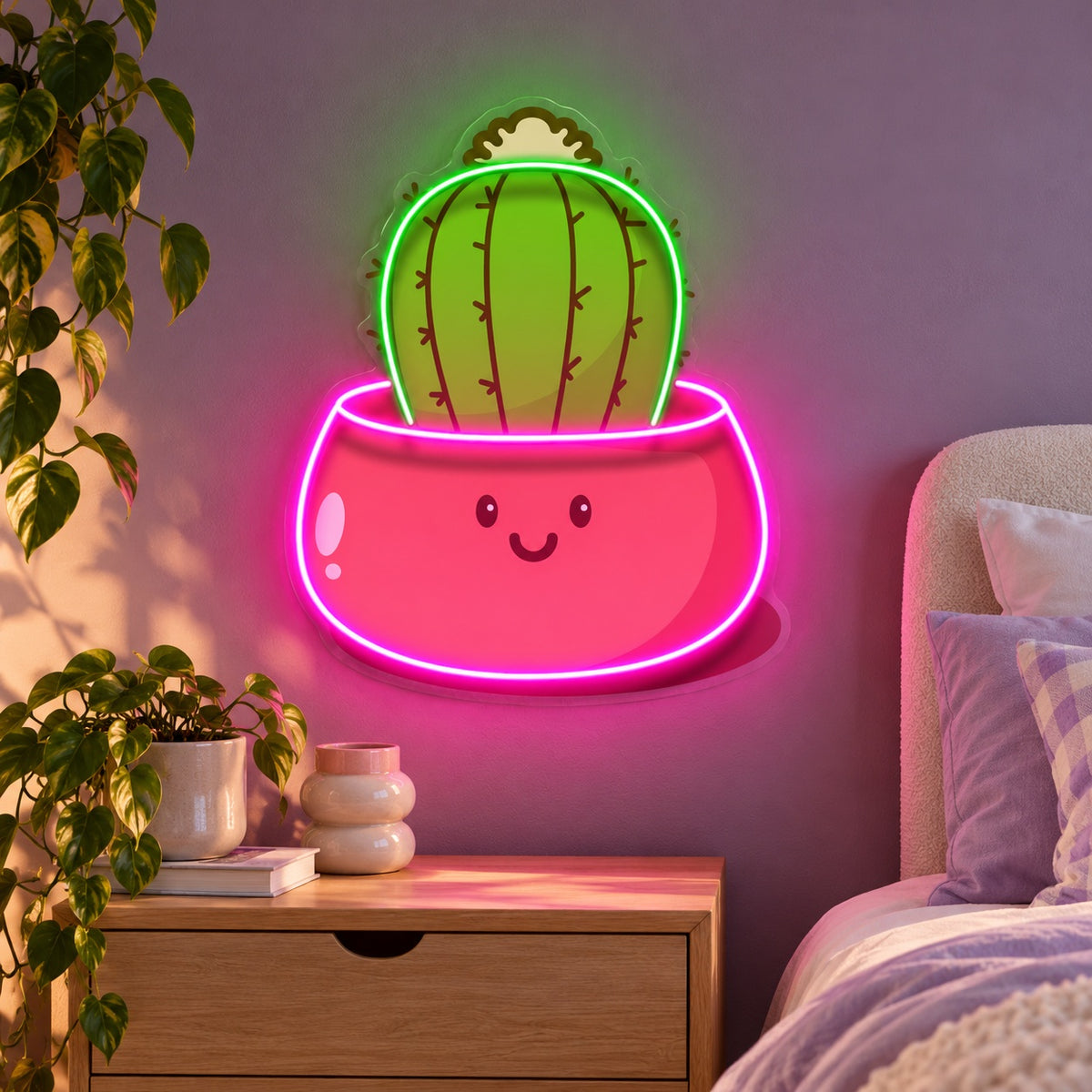 Round Cactus Smiling Planter LED Neon Sign - advertising view