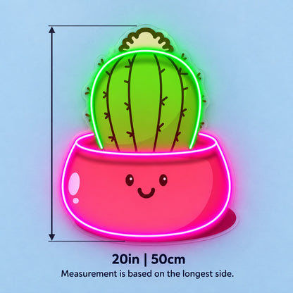 Round Cactus Smiling Planter LED Neon Sign - size guide