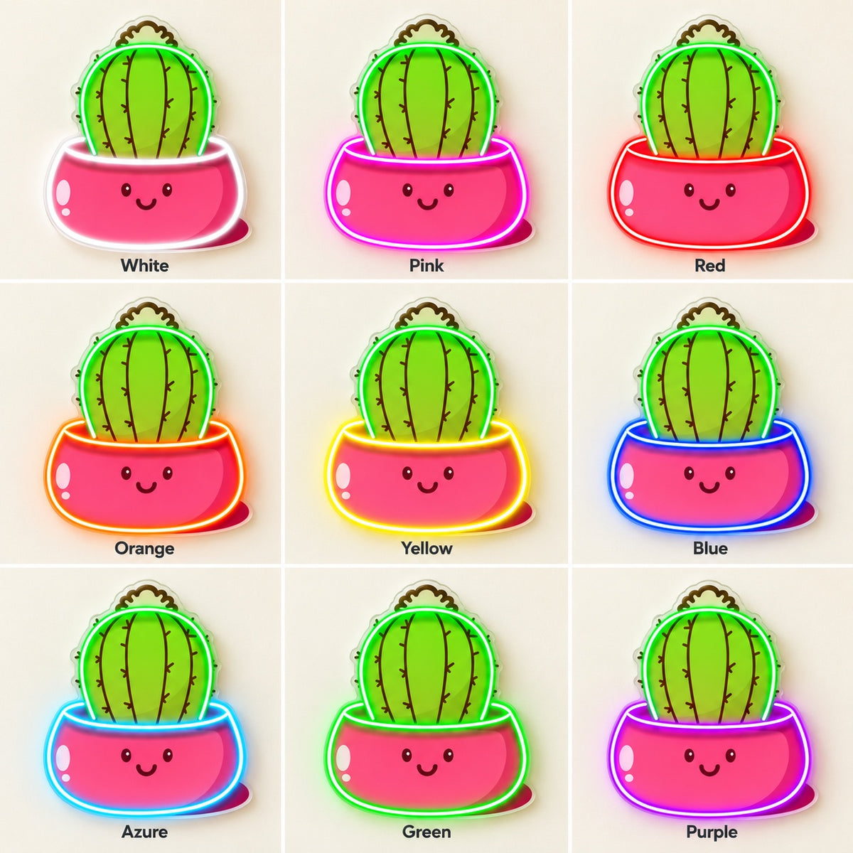 Round Cactus Smiling Planter LED Neon Sign - nine-color grid