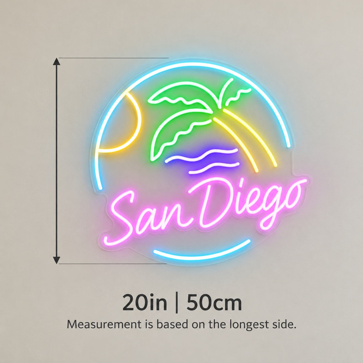 San Diego Palm Tree Beach LED Neon Sign - size guide