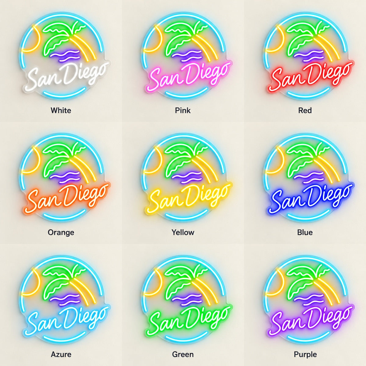 San Diego Palm Tree Beach LED Neon Sign - nine-color grid