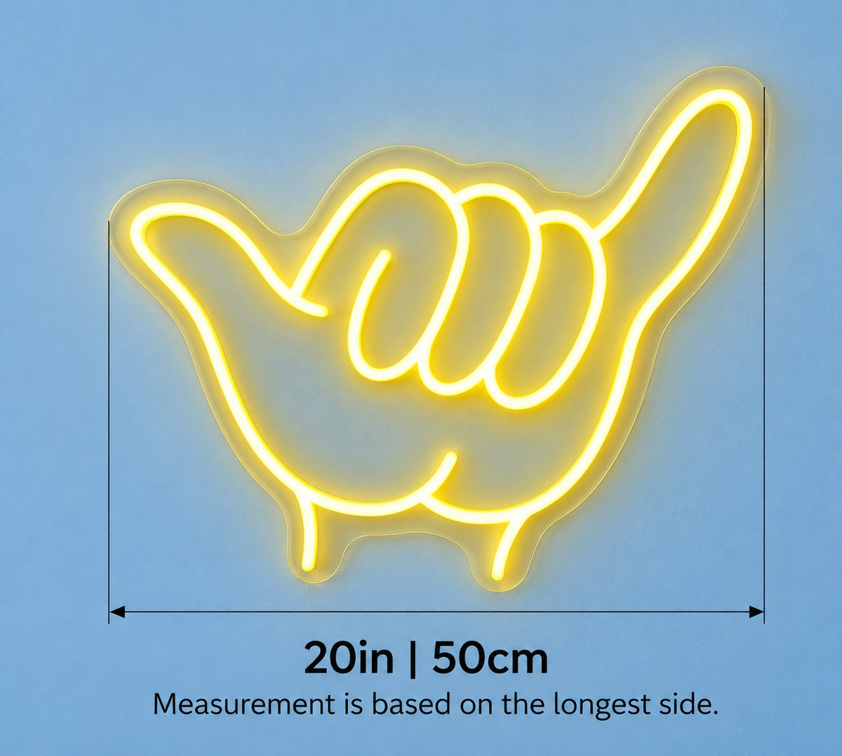 Shaka Hand LED Neon Sign - size guide