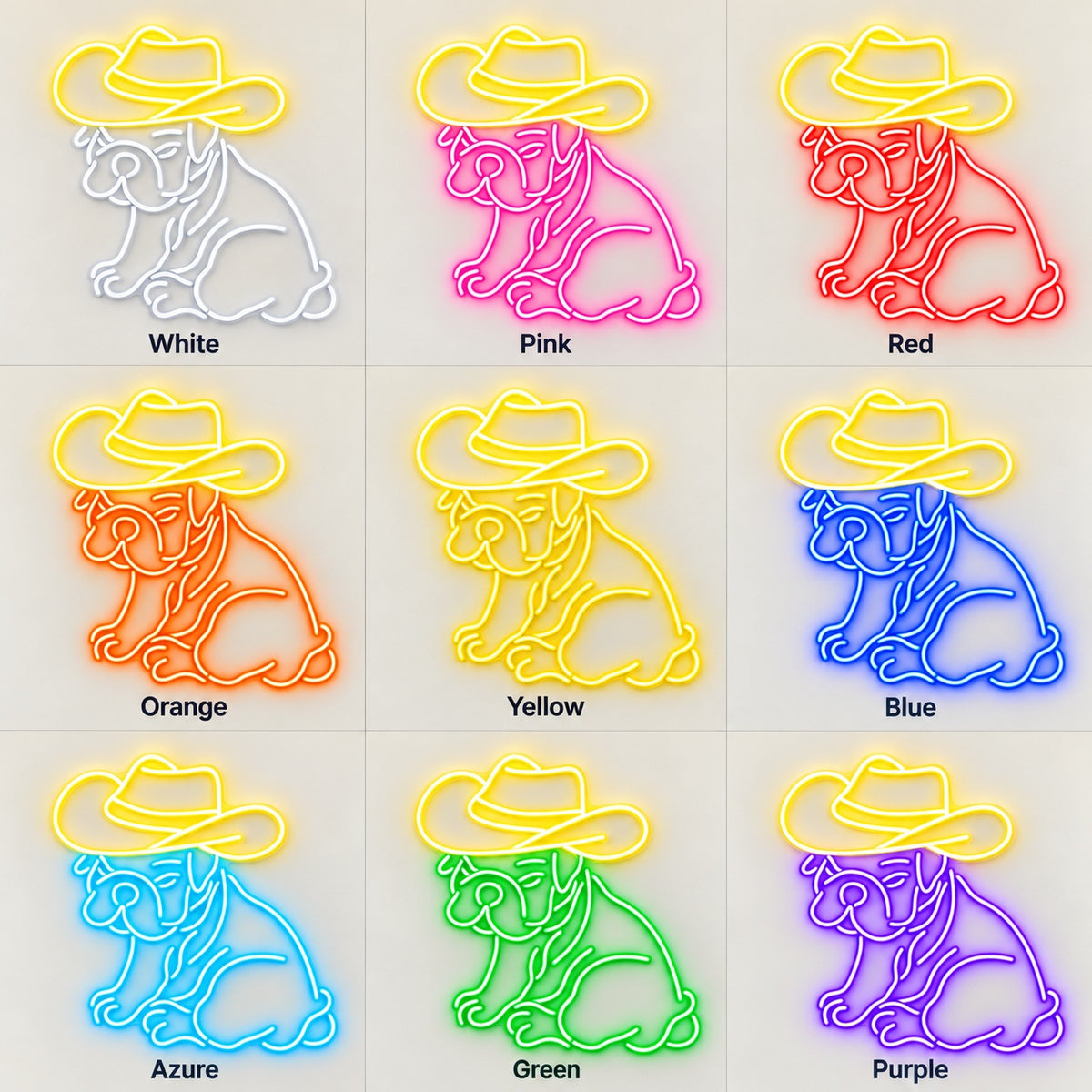 Sitting Bulldog with Cowboy Hat LED Neon Sign - nine-color grid