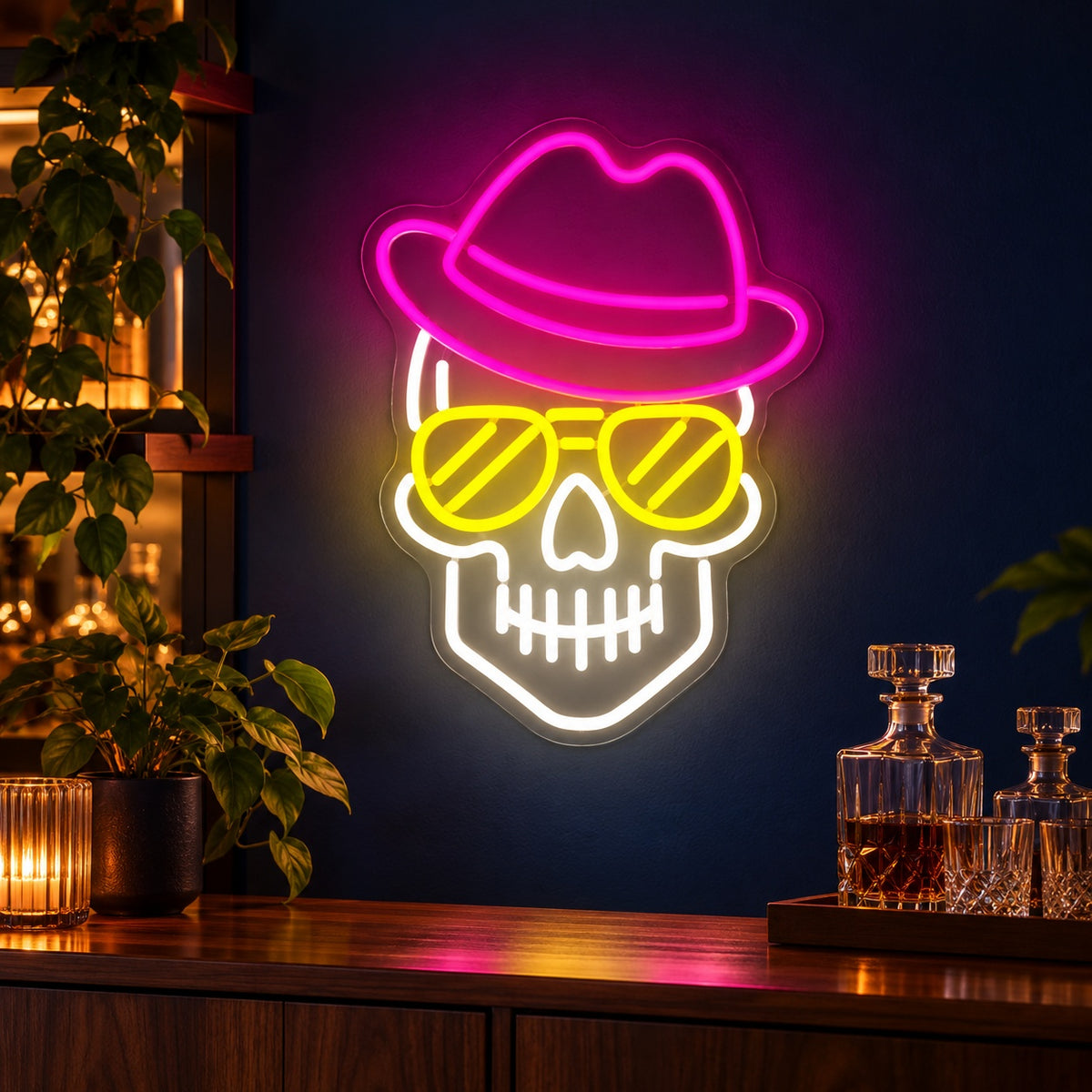 Skull with Hat Sunglasses LED Neon Sign - advertising view