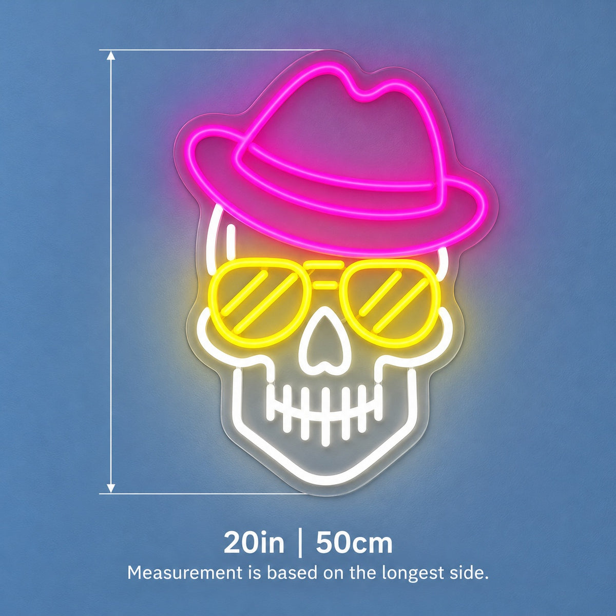 Skull with Hat Sunglasses LED Neon Sign - size guide