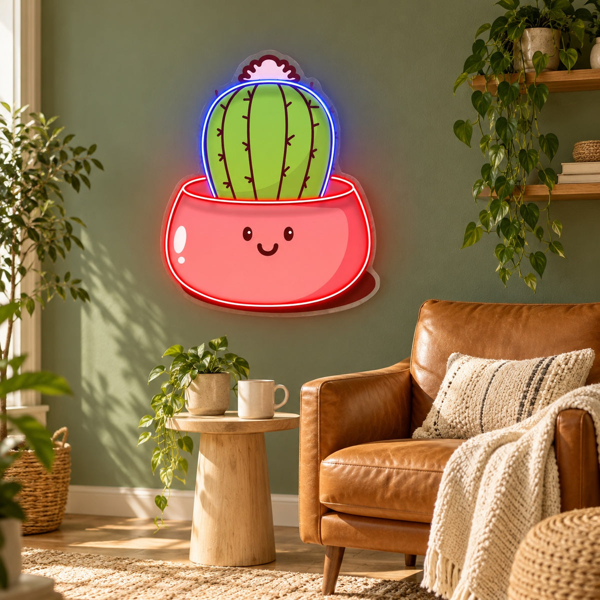 Smiling Cactus in Pot LED Neon Sign - lifestyle view
