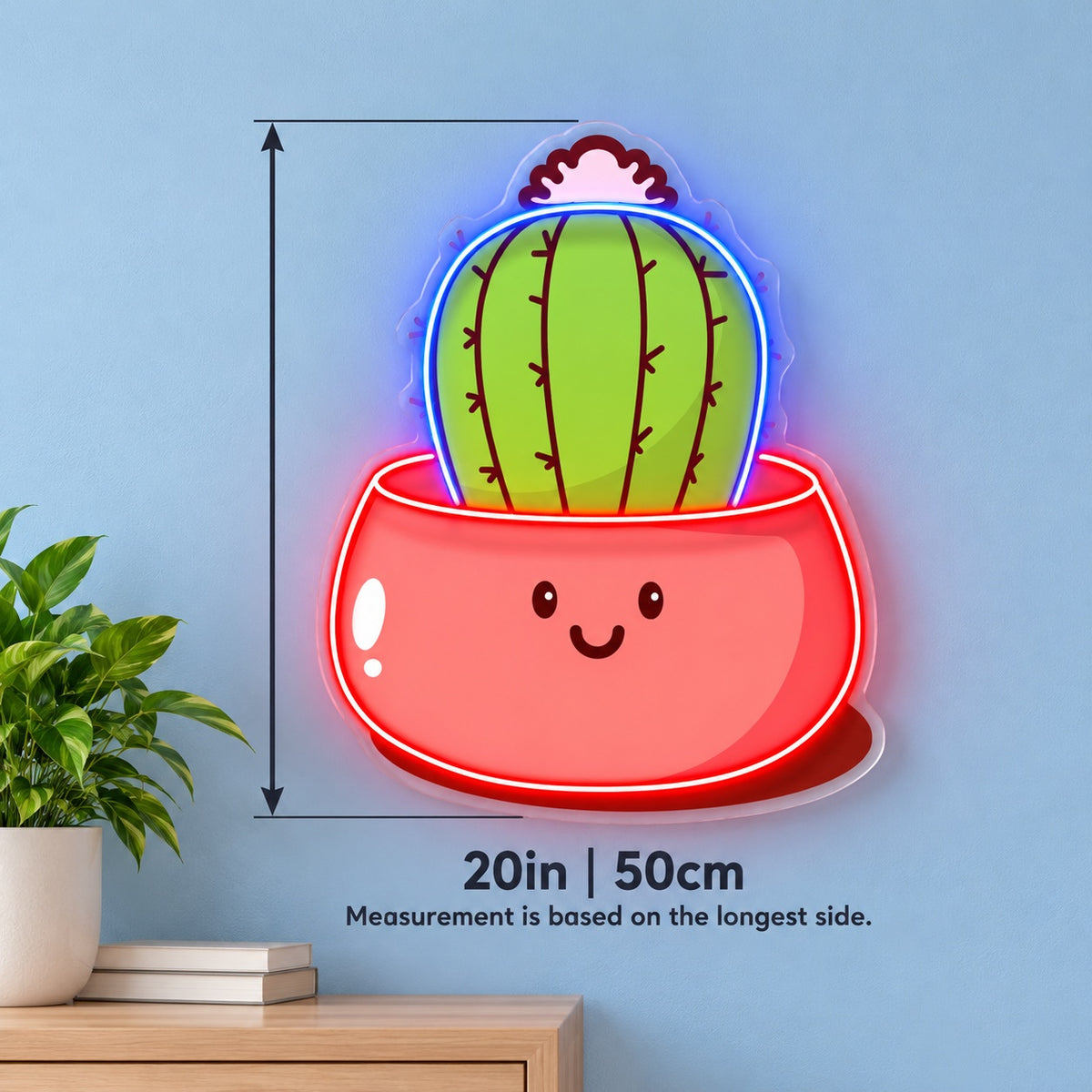 Smiling Cactus in Pot LED Neon Sign - size guide
