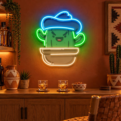 Smiling Cactus with Cowboy Hat LED Neon Sign - advertising view