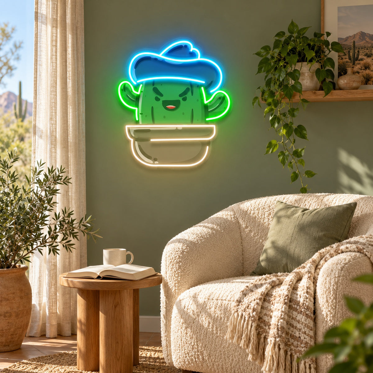 Smiling Cactus with Cowboy Hat LED Neon Sign - lifestyle view