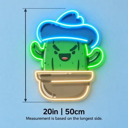 Smiling Cactus with Cowboy Hat LED Neon Sign - size guide