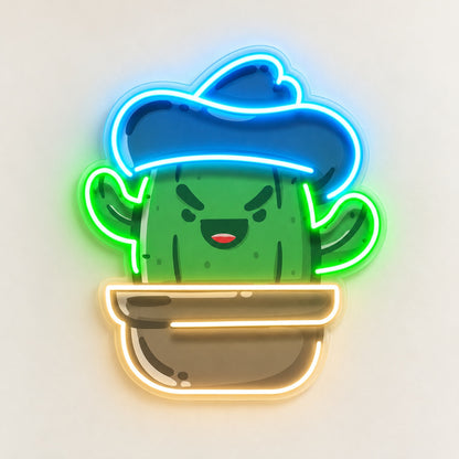 Smiling Cactus with Cowboy Hat LED Neon Sign - natural light view