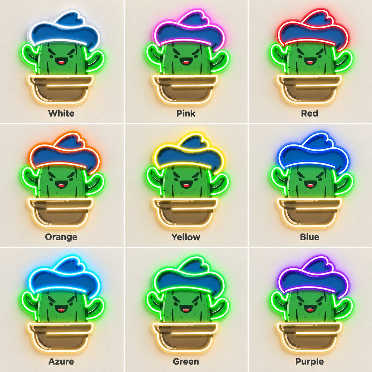 Smiling Cactus with Cowboy Hat LED Neon Sign - nine-color grid