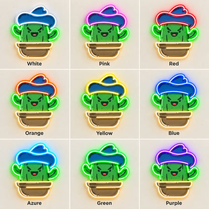 Smiling Cactus with Cowboy Hat LED Neon Sign - nine-color grid