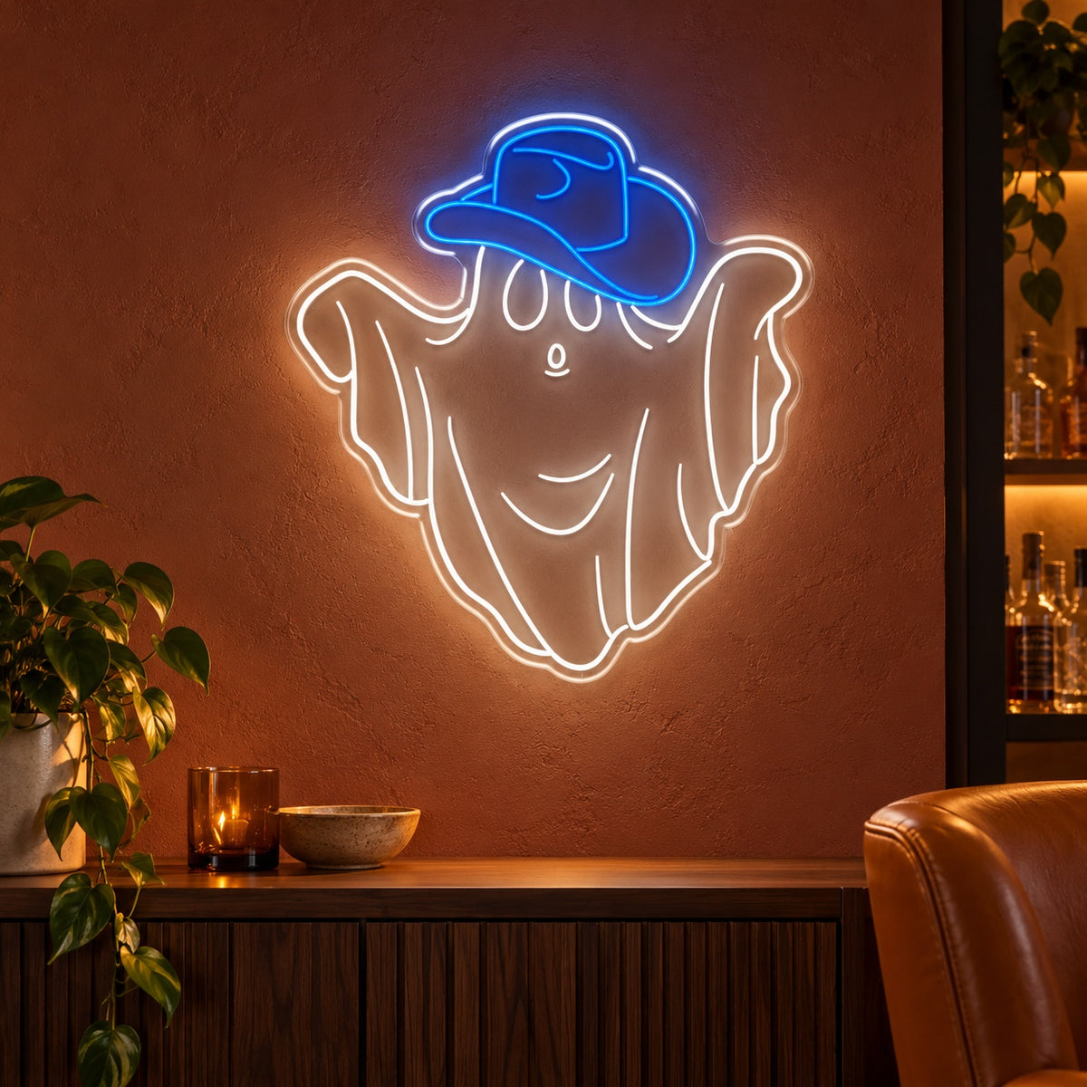 Smiling Ghost with Cowboy Hat LED Neon Sign - advertising view
