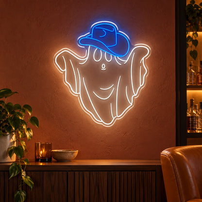 Smiling Ghost with Cowboy Hat LED Neon Sign - advertising view